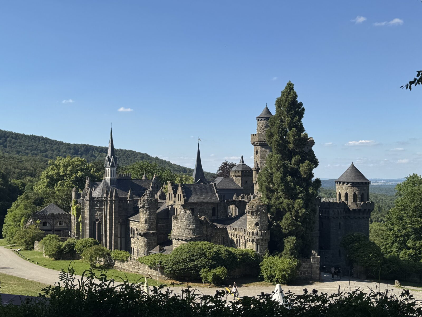 Gesamtansicht der Löwenburg mit Türmen zwischen Bäumen