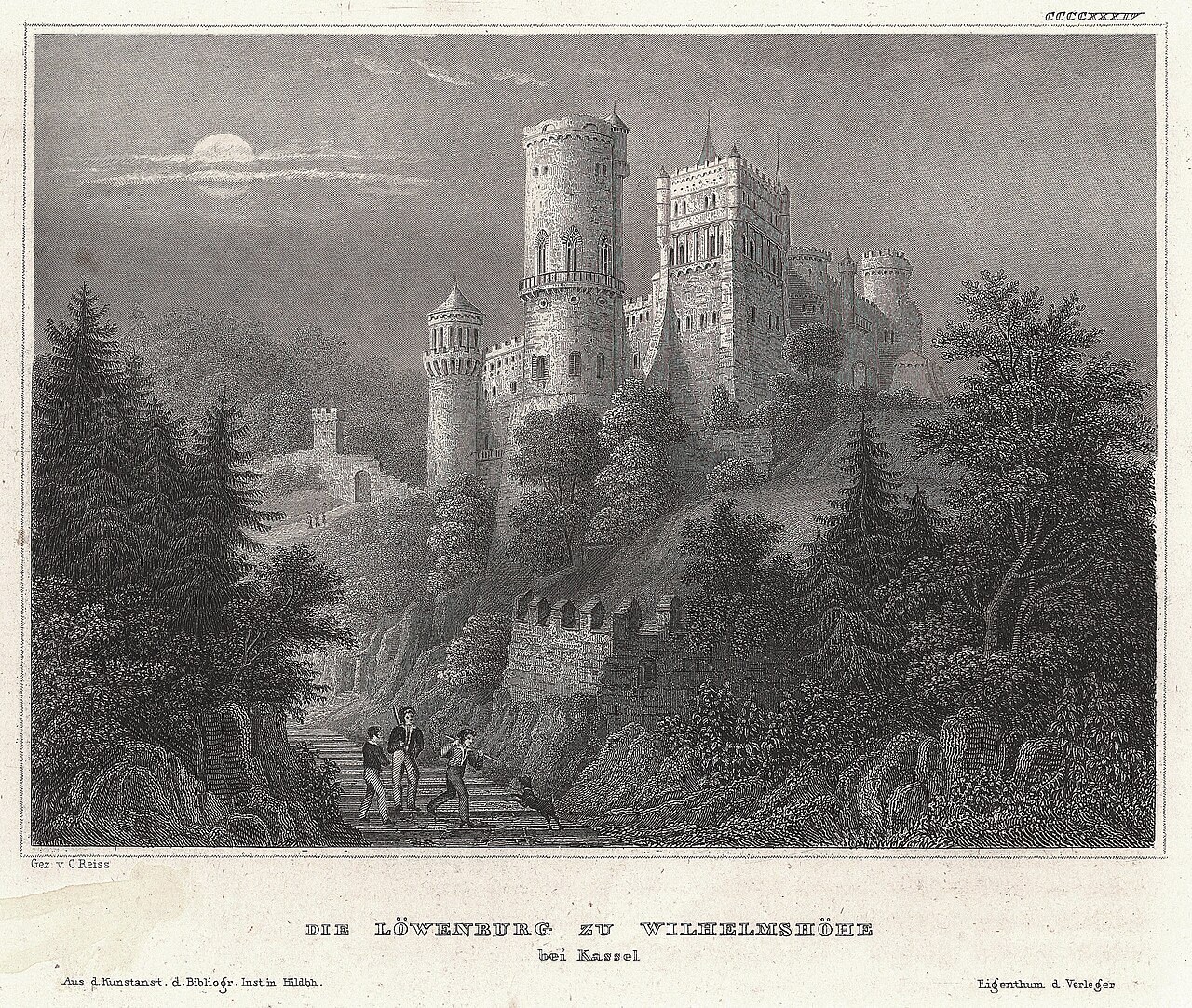 Historischer Stahlstich der Löwenburg zu Wilhelmshöhe bei Kassel im Mondlicht, mit Wanderern auf der Treppe